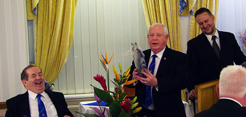 John Turpin (left) enjoying Harry Cox’s jokes while John-Paul Lovie shares the fun in the background. John Turpin (left) enjoying Harry Cox’s jokes while John-Paul Lovie shares the fun in the background.