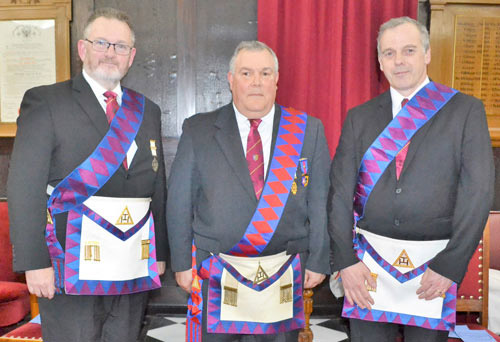 Pictured from left to right, are the companions who presented the robe addresses: Liam O’Leary, Larry Branyan and Stephen Nutter. Pictured from left to right, are the companions who presented the robe addresses: Liam O’Leary, Larry Branyan and Stephen Nutter.