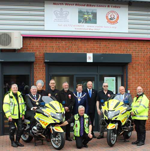West Lancashire Freemasons and the North West Blood Bikes team outside their headquarters. West Lancashire Freemasons and the North West Blood Bikes team outside their headquarters.