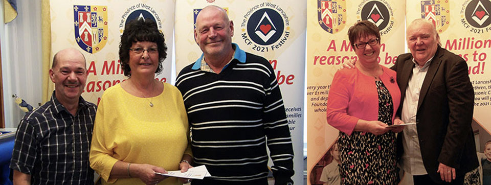 Pictured left: Brian Jackson (left) and Steve Smith (right) present a cheque to Marguerite Smith of the Haemochromatosis Society. Pictured right: Bob Hogarth (right) cheerily hands over a donation to Cheshire Homes of Garstang.
