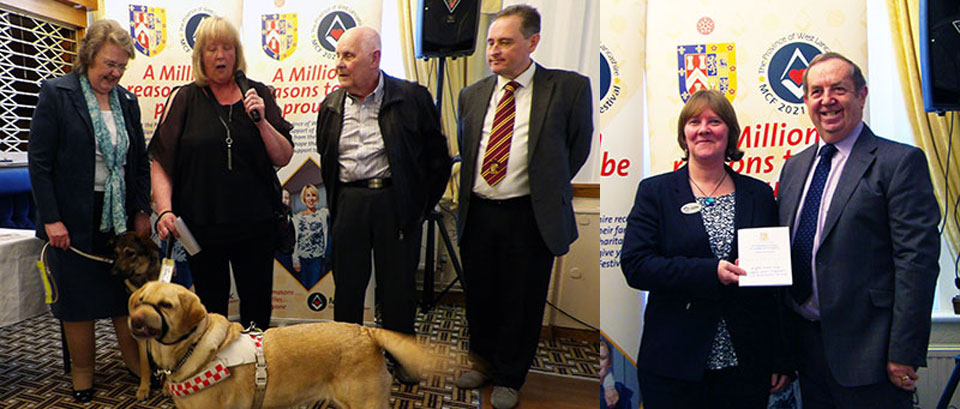Pictured left: Tilly the golden labrador seeks everyone’s attention. Pictured right: John Turpin (right) presents a cheque to Laura Cooper of the Ashley Foundation.