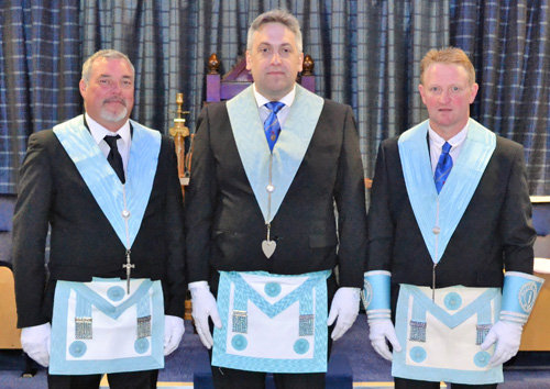 Pictured from left to right, are the ‘light blue’ brethren who presented the working tools: Alan McMonagle, Alun Jones and Chris Wilkinson. Pictured from left to right, are the ‘light blue’ brethren who presented the working tools: Alan McMonagle, Alun Jones and Chris Wilkinson.