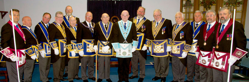 Pictured are Robert Wright, Robert Hurley (centre), Allan Hore (acting WM), with the grand and acting Provincial grand officers. Pictured are Robert Wright, Robert Hurley (centre), Allan Hore (acting WM), with the grand and acting Provincial grand officers.