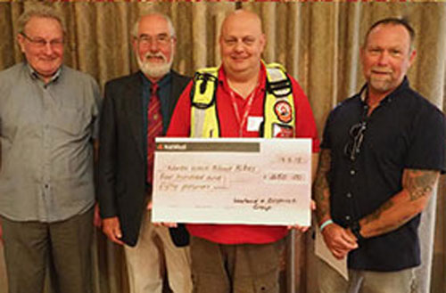 Pictured left from left to right, are: John Sidgeaves, Paul Boardman, Paul Hatton (receiving the cheque for North West Blood Bikes Lancashire and Lakes) and Carl Daggers. Pictured left from left to right, are: John Sidgeaves, Paul Boardman, Paul Hatton (receiving the cheque for North West Blood Bikes Lancashire and Lakes) and Carl Daggers.