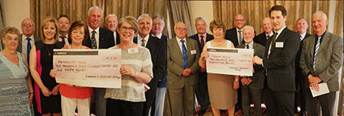 Pictured left: Elaine Close receives the cheque for Meningitis Now. Pictured right: Mick Croskery receives the cheque for Derian House. Pictured left: Elaine Close receives the cheque for Meningitis Now. Pictured right: Mick Croskery receives the cheque for Derian House.