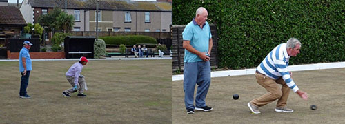 Pictured left: David Thornton (left) watches Khine Lynn bowl during the Cowper Trophy final. Pictured right: Doug Lace (left) watches Brian Rigby bowl during the Cyril McGibbon Trophy final.