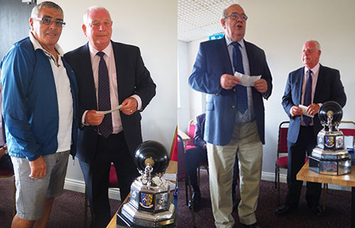 Pictured left: Harry Cox (right) receives a cheque from John Eastwood. Pictured right: Philip Gunning (left) thanks Harry Cox for the cheque from the 2017 Warrington finals.