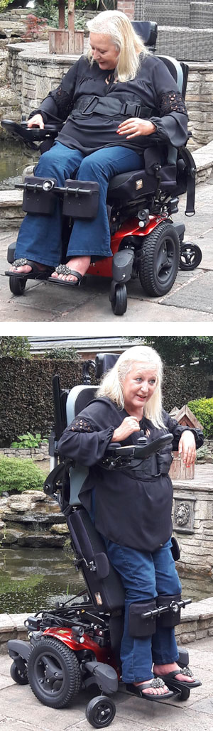 Val demonstrates her new chairs ability to help her stand. Val demonstrates her new chairs ability to help her stand.