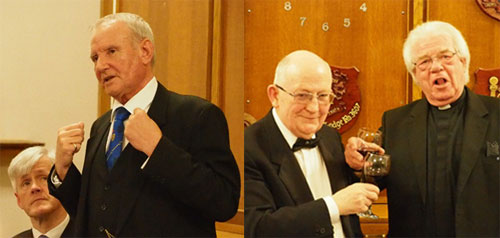 Pictured left: David Walmsley responding to the toast to the grand officers, keenly observed by Ian Ward. Pictured right: Godfrey Hirst (right) singing the master’s song to John Davies. Pictured left: David Walmsley responding to the toast to the grand officers, keenly observed by Ian Ward. Pictured right: Godfrey Hirst (right) singing the master’s song to John Davies.