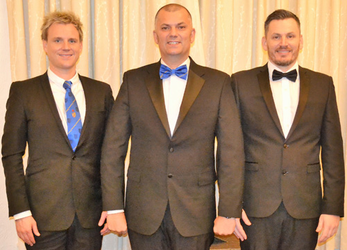 The three ‘light blues’ who delivered the working tools; pictured left to right, are: James Unsworth, Darren Reeve and Michael Reeve. The three ‘light blues’ who delivered the working tools; pictured left to right, are: James Unsworth, Darren Reeve and Michael Reeve.