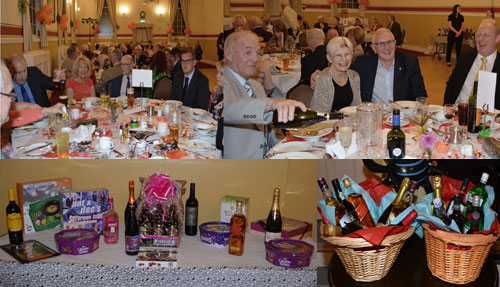 Pictured top: Diners enjoying their meal. Pictured bottom left: The first raffle prizes. Pictured bottom right: the bumper baskets of alcoholic drinks.