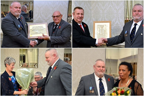 Top left: Gary Smith (left) presenting a plaque to Malcolm Dewhurst. Top right: Peter Lockett (left) with Gary Smith. Bottom left: Maureen Harrison with Gary Smith. Bottom left: Gary Smith presenting flowers to Lynne Price. Top left: Gary Smith (left) presenting a plaque to Malcolm Dewhurst. Top right: Peter Lockett (left) with Gary Smith. Bottom left: Maureen Harrison with Gary Smith. Bottom left: Gary Smith presenting flowers to Lynne Price.