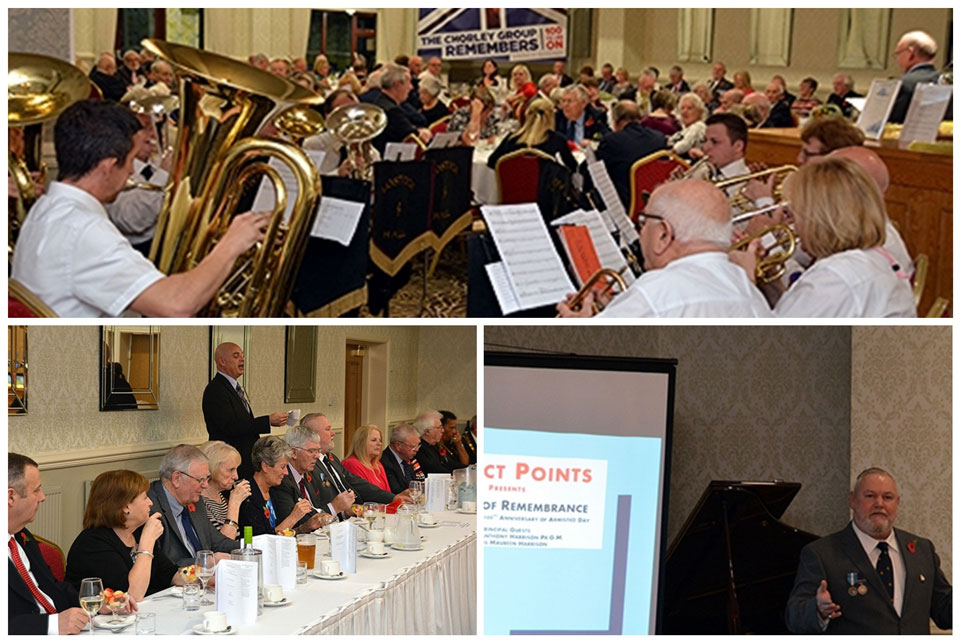 Top: The Lostock brass band. Bottom left: Mark Howard discussing wartime food. Bottom right: Gary in full flight Top: The Lostock brass band. Bottom left: Mark Howard discussing wartime food. Bottom right: Gary in full flight