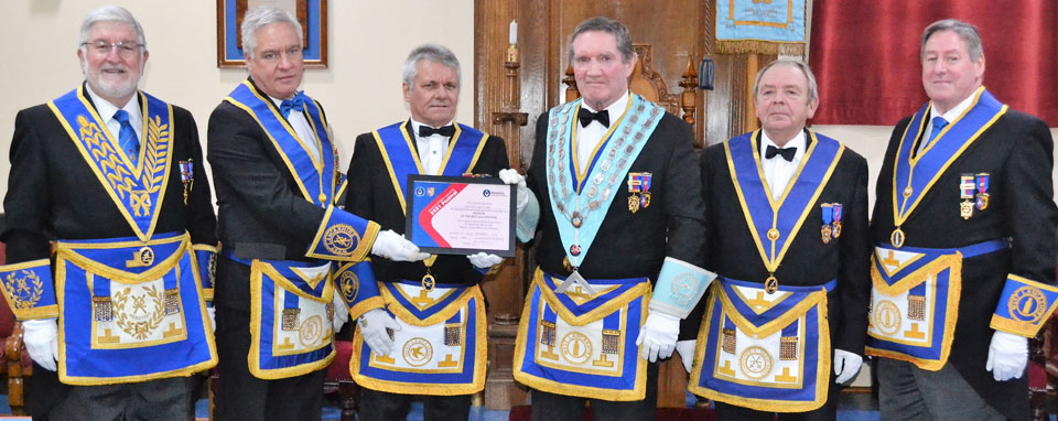 Pictured from left to right at the presentation of the MCF 2021 Festival patron’s certificate, are: John Robson, Simon Hanson, Ian Modley (lodge charity steward), Jim Hamilton, John Clare and Neil McGill. Pictured from left to right at the presentation of the MCF 2021 Festival patron’s certificate, are: John Robson, Simon Hanson, Ian Modley (lodge charity steward), Jim Hamilton, John Clare and Neil McGill.