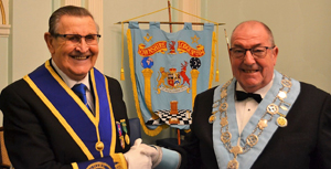 George Shields of Victoria Lodge No 4629 (left), congratulates his longstanding friend Adrian on attaining the chair once again George Shields of Victoria Lodge No 4629 (left), congratulates his longstanding friend Adrian on attaining the chair once again