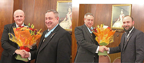 Picture left: David Parker Snr (right) presents flowers to David Winder. Picture right: David Parker Jr (right) presents flowers to WM David. Picture left: David Parker Snr (right) presents flowers to David Winder. Picture right: David Parker Jr (right) presents flowers to WM David.