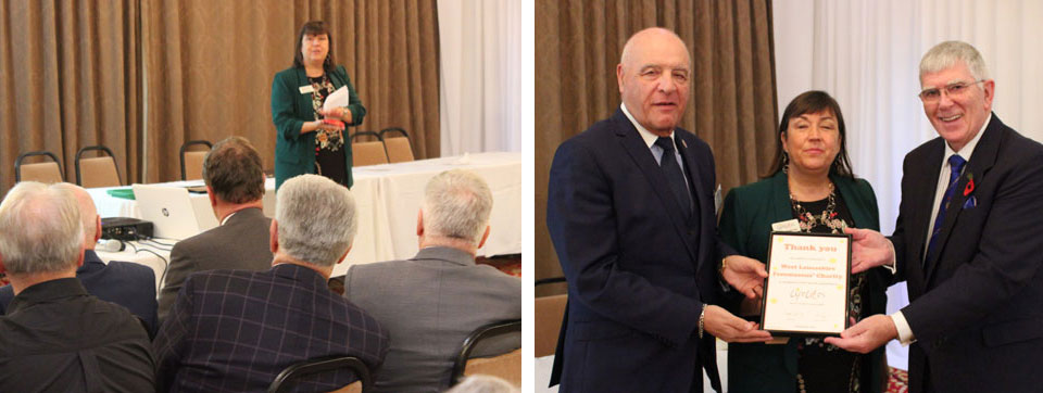 In the picture on the left - Simone Enefer-Doy is pictured giving her presentation. In the picture on the right - Simone is pictured presenting the certificate to Tony and Steve. In the picture on the left - Simone Enefer-Doy is pictured giving her presentation. In the picture on the right - Simone is pictured presenting the certificate to Tony and Steve.