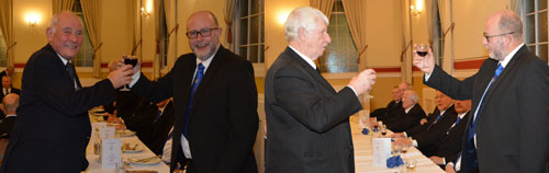 Picture left: Brian (left) taking wine with WM Robert, his son. Picture right: Norman Pritchard toasting Robert. Picture left: Brian (left) taking wine with WM Robert, his son. Picture right: Norman Pritchard toasting Robert.