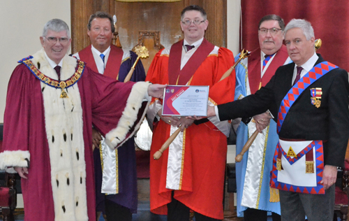 Pictured from left to right at the presentation of the ‘Vice Patron of the MCF 2021 Festival’ certificate, are: Tony Harrison, Paul dent, Stewart Aimson, David Grant and Simon Hanson the group charity steward. Pictured from left to right at the presentation of the ‘Vice Patron of the MCF 2021 Festival’ certificate, are: Tony Harrison, Paul dent, Stewart Aimson, David Grant and Simon Hanson the group charity steward.