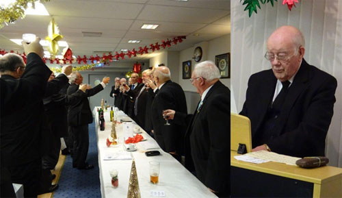 Pictured left: John Darrel and brethren toast Brian Crawford during the master’s song. Pictured right: The tuneful David Brown on the organ. Pictured left: John Darrel and brethren toast Brian Crawford during the master’s song. Pictured right: The tuneful David Brown on the organ.