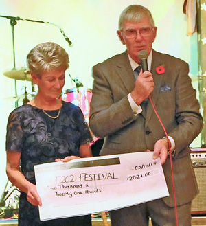 Tony Harrison, with his wife Maureen, thanks the Stewards for their donation to the MCF 2021 Festival. Tony Harrison, with his wife Maureen, thanks the Stewards for their donation to the MCF 2021 Festival.