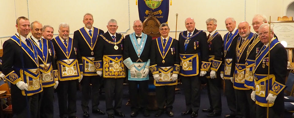 John Aplin and Tony Harrison surrounded by grand and acting Provincial grand officers. John Aplin and Tony Harrison surrounded by grand and acting Provincial grand officers.