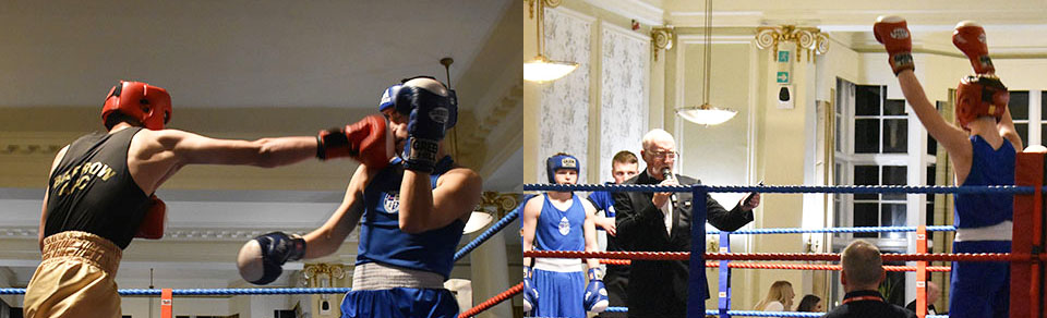 Picture left: Louis Smith of Barrow ABC (left) in action against Marc Haughian of Carlisle Villa ABC. Picture right: MC Ralph Spours announces the next bout. Picture left: Louis Smith of Barrow ABC (left) in action against Marc Haughian of Carlisle Villa ABC. Picture right: MC Ralph Spours announces the next bout.