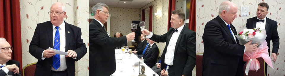 Picture left: Harry Cox replying at the festive board. Picture centre: David Rowbotham (left) performing the master’s song. Picture right: Harry (left) receives flowers for Carol from Mel Howarth. Picture left: Harry Cox replying at the festive board. Picture centre: David Rowbotham (left) performing the master’s song. Picture right: Harry (left) receives flowers for Carol from Mel Howarth.
