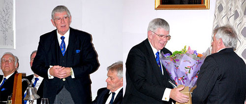 Pictured left: Tony responding to the toast to his health. Pictured right: Eric Moran (right) presents Tony Harrison with a bouquet of flowers for Maureen. Pictured left: Tony responding to the toast to his health. Pictured right: Eric Moran (right) presents Tony Harrison with a bouquet of flowers for Maureen.