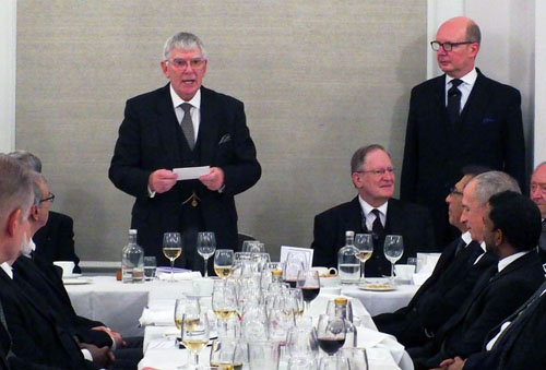 Tony Harrison (left) responding to the toast to his health. Tony Harrison (left) responding to the toast to his health.