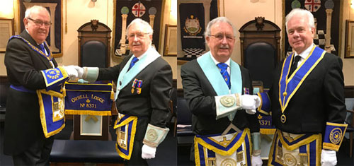 Pictured left: Phil Gunning (left) congratulates Derek Ishmael on achieving the chair of King Solomon of Orrell Lodge. Pictured right: Derek (left) thanks his immediate past and installing master Jim Wheeldon. Pictured left: Phil Gunning (left) congratulates Derek Ishmael on achieving the chair of King Solomon of Orrell Lodge. Pictured right: Derek (left) thanks his immediate past and installing master Jim Wheeldon.