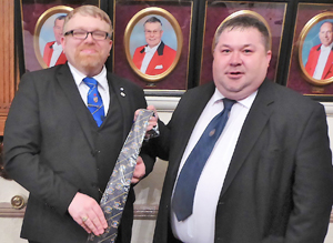 WM of Lodge of Harmony 156 Martin Leave (right) presents Alan Ledger with the tie WM of Lodge of Harmony 156 Martin Leave (right) presents Alan Ledger with the tie