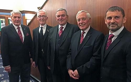 The three principals and guests make their way to the festive board. Pictured from left to right, are: Paul Renton, Peter Donnelly, David Poulter, Mel Johnson and David Thomas. The three principals and guests make their way to the festive board. Pictured from left to right, are: Paul Renton, Peter Donnelly, David Poulter, Mel Johnson and David Thomas.