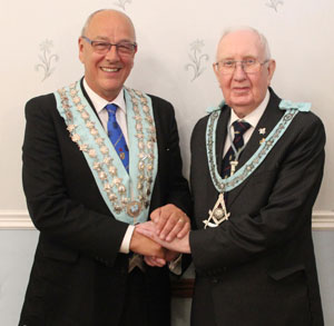 Ed Mawdsley WM of Shalom Lodge welcomes Ray Sheppard WM of Lodge Glittering Star. Ed Mawdsley WM of Shalom Lodge welcomes Ray Sheppard WM of Lodge Glittering Star.