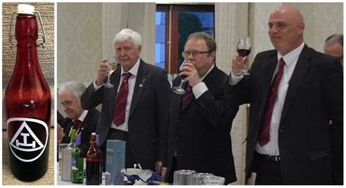 Pictured from left to right: The ‘Travelling Bottle’ with the three principals toasting the visitors. Pictured from left to right: The ‘Travelling Bottle’ with the three principals toasting the visitors.
