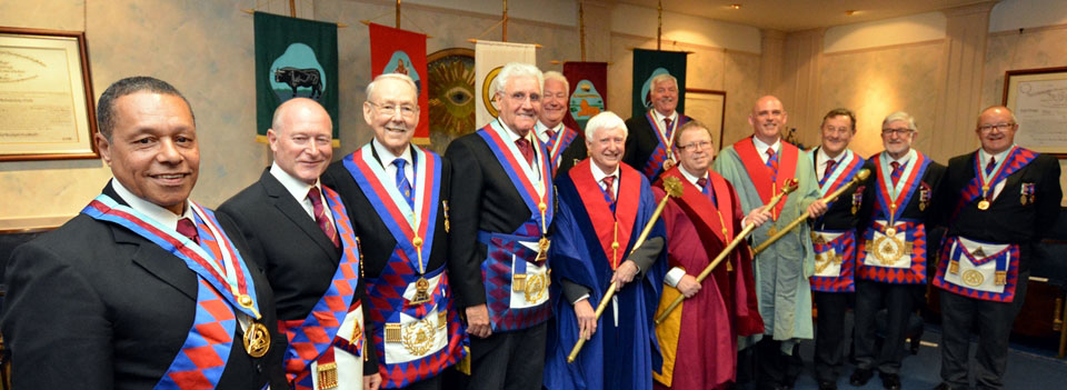 The three principals with Malcolm (fourth left) the acting Provincial grand officers and grand officers and distinguished guests. The three principals with Malcolm (fourth left) the acting Provincial grand officers and grand officers and distinguished guests.