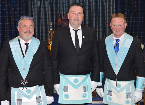 The three brethren who so superbly presented the working tools of the three Masonic degrees. From left to right are: Alan McMonagle, Andrew Carville and Chris Wilkiinson. The three brethren who so superbly presented the working tools of the three Masonic degrees. From left to right are: Alan McMonagle, Andrew Carville and Chris Wilkiinson.