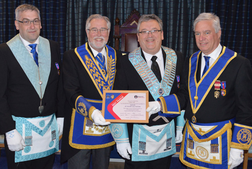 Pictured at the presentation of the MCF 2021 Festival Patron certificate are, from left to right, lodge charity steward Alun Jones, Philip Gardner, Andrew Jones and Simon Hanson. Pictured at the presentation of the MCF 2021 Festival Patron certificate are, from left to right, lodge charity steward Alun Jones, Philip Gardner, Andrew Jones and Simon Hanson.