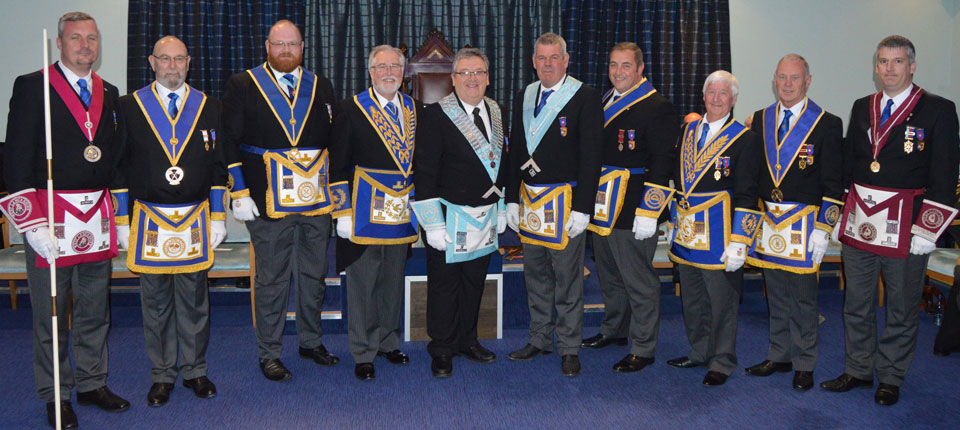 Philip Gardner, Andrew Jones and John Eccles pictured with Grand and Acting Provincial Grand officers. Philip Gardner, Andrew Jones and John Eccles pictured with Grand and Acting Provincial Grand officers.