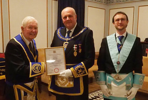 Frank Beck (left) receiving his 50th Certificate from David Winder, while WM Andrew Harwood looks on. Frank Beck (left) receiving his 50th Certificate from David Winder, while WM Andrew Harwood looks on.