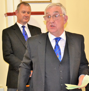 Doug responding to the warm toast to his health, with Ian Halsall in the background, offering his support. Doug responding to the warm toast to his health, with Ian Halsall in the background, offering his support.