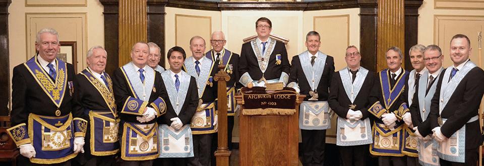 Honoured guests Mark Matthews (left) and Roy Ashley (second left) with newly invested officers of Aigburth Lodge and WM Mark Lawrence (centre). Honoured guests Mark Matthews (left) and Roy Ashley (second left) with newly invested officers of Aigburth Lodge and WM Mark Lawrence (centre).