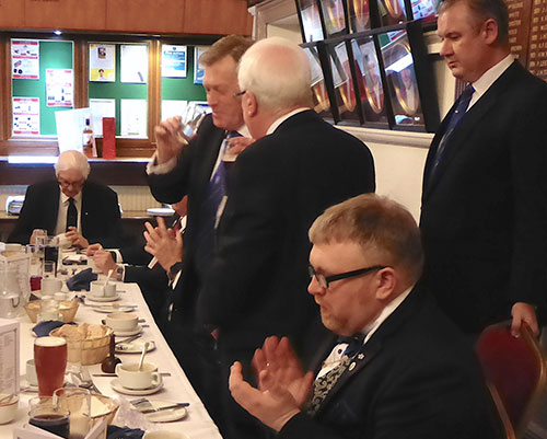 Kevin Poynton takes wine with the new WM Eric Carroll, watched over by Ian Halsall. Kevin Poynton takes wine with the new WM Eric Carroll, watched over by Ian Halsall.