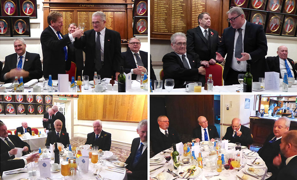 Pictured top left: Kevin Poynton takes wine with new master Geoffrey Cowan. Top right: Geoffrey Cowan (seated) listens to Peter Ryan propose the toast to his health. Bottom row: Groups of revellers enjoying the festivities. Pictured top left: Kevin Poynton takes wine with new master Geoffrey Cowan. Top right: Geoffrey Cowan (seated) listens to Peter Ryan propose the toast to his health. Bottom row: Groups of revellers enjoying the festivities.