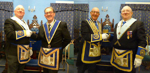 Pictured left: Steven Cornwell (left) welcomes the master elect Anthony Standish. Pictured right: Neil Pedder (left) welcomed by Steven Cornwell. Pictured left: Steven Cornwell (left) welcomes the master elect Anthony Standish. Pictured right: Neil Pedder (left) welcomed by Steven Cornwell.
