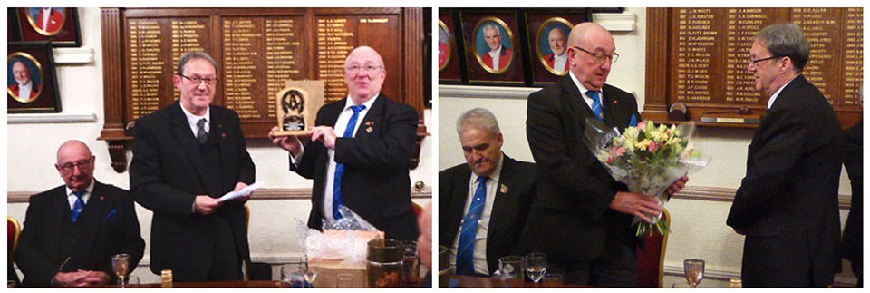 Pictured left: Steven Cornwell shows brethren his bespoke plaque: Pictured right: Neil Pedder receives a bouquet of flowers from Anthony Standish. Pictured left: Steven Cornwell shows brethren his bespoke plaque: Pictured right: Neil Pedder receives a bouquet of flowers from Anthony Standish.