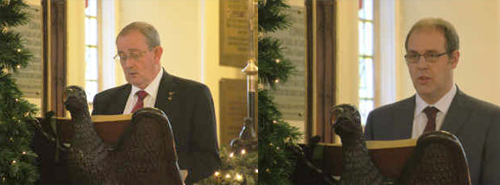 Pictured left: Tony Hall reading one of the lessons. Pictured right: Martin Stewart delivering his reading. Pictured left: Tony Hall reading one of the lessons. Pictured right: Martin Stewart delivering his reading.