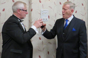 Pictured are: Jon Davies WM being toasted by Roger Lloyd-Jones during the masters song. Pictured are: Jon Davies WM being toasted by Roger Lloyd-Jones during the masters song.