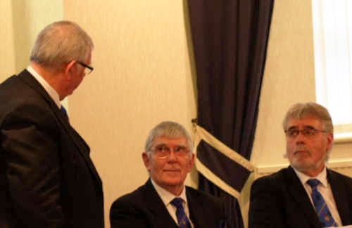 Stewart Seddon (left) proposing the toast to Tony Harrison.