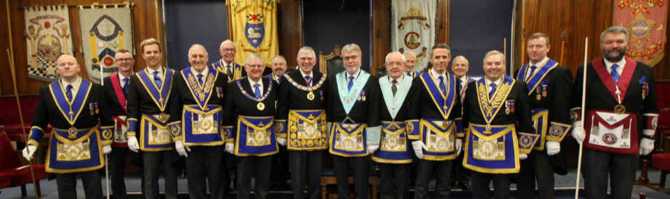 Howard Linaker together with Provincial Grand Master Tony Harrison, along with grand and acting Provincial grand officers.